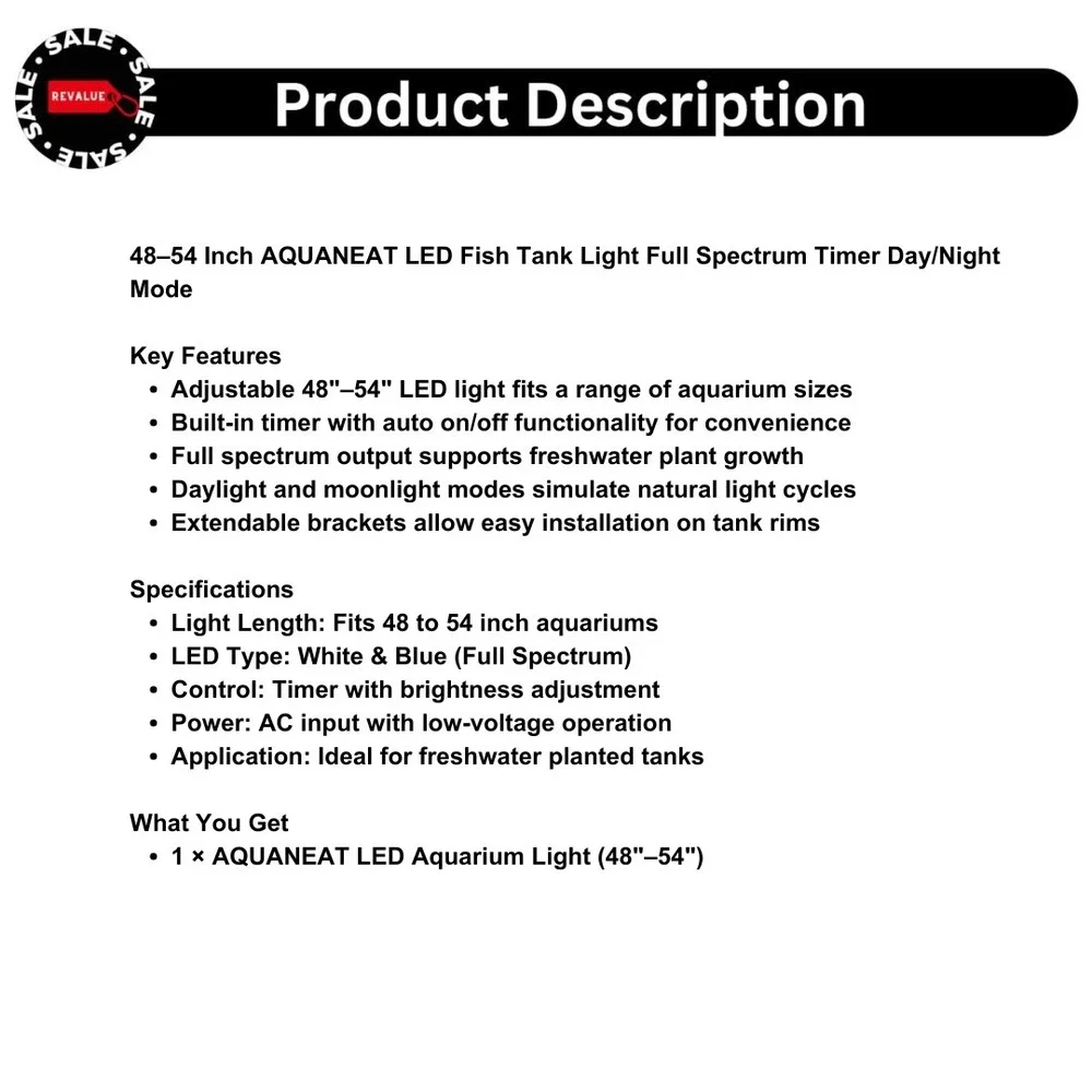 48–54 Inch AQUANEAT LED Fish Tank Light Full Spectrum Timer Day/Night Mode